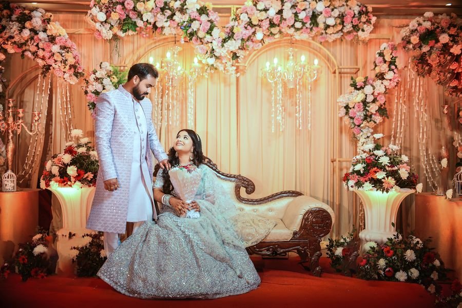 Floral reception stage setup for a Kolkata wedding